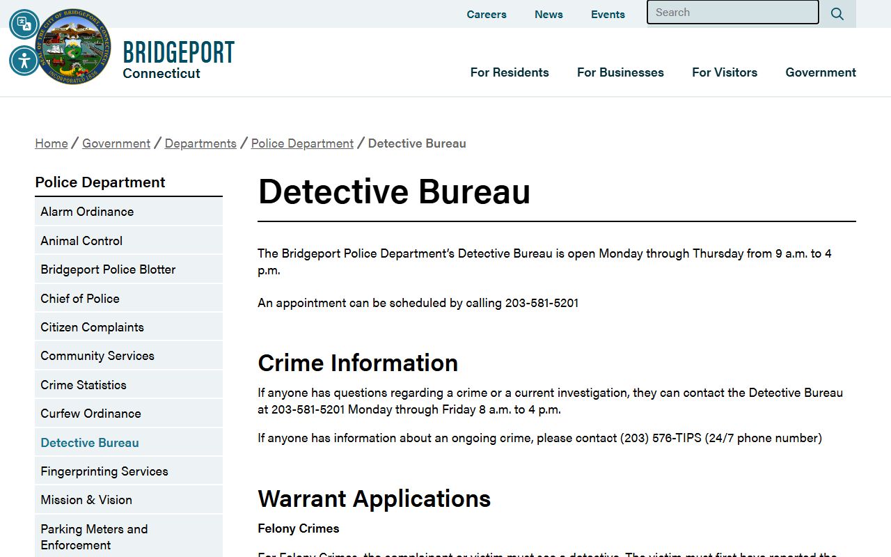 Bridgeport Police Detective Bureau warrant and arrest processing information