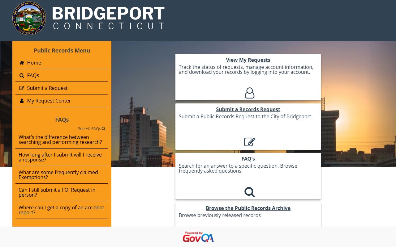 Bridgeport Public Records Center portal for booking photo and arrest record requests