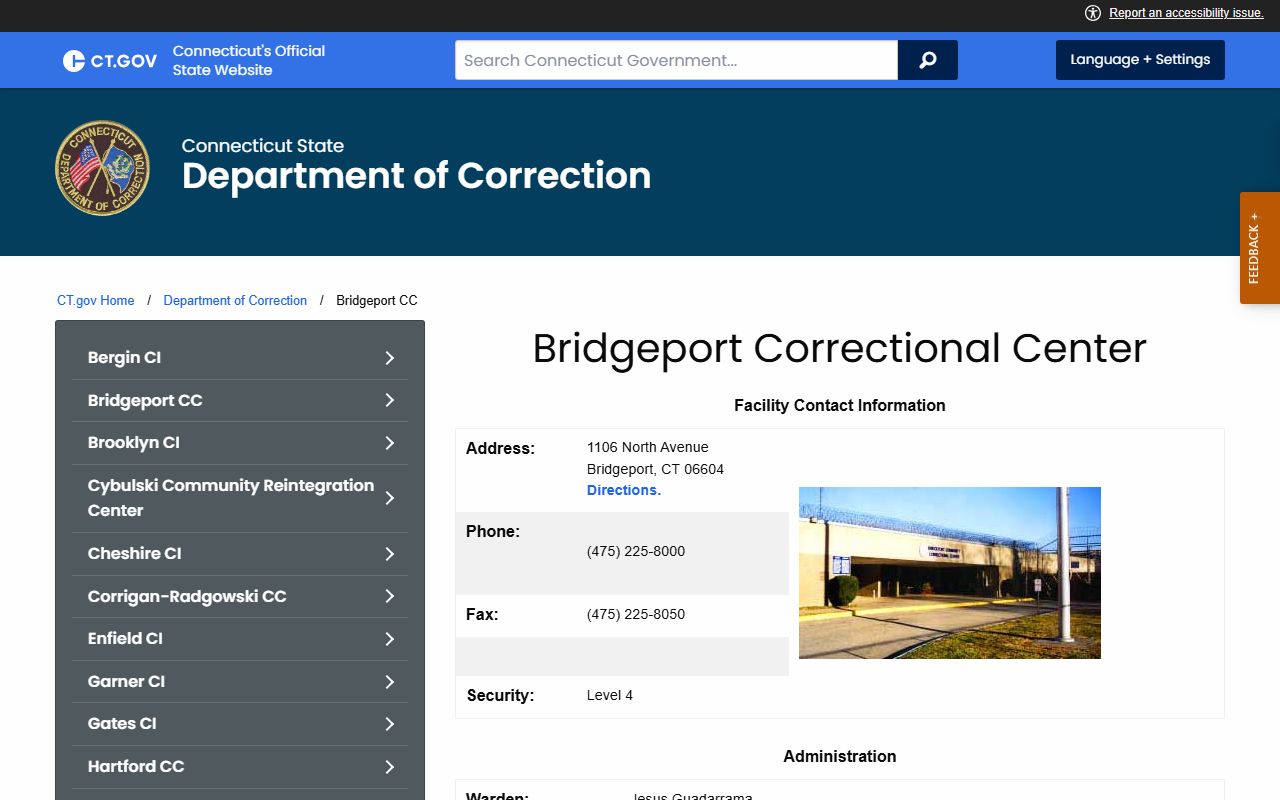 Bridgeport Correctional Center official DOC facility page