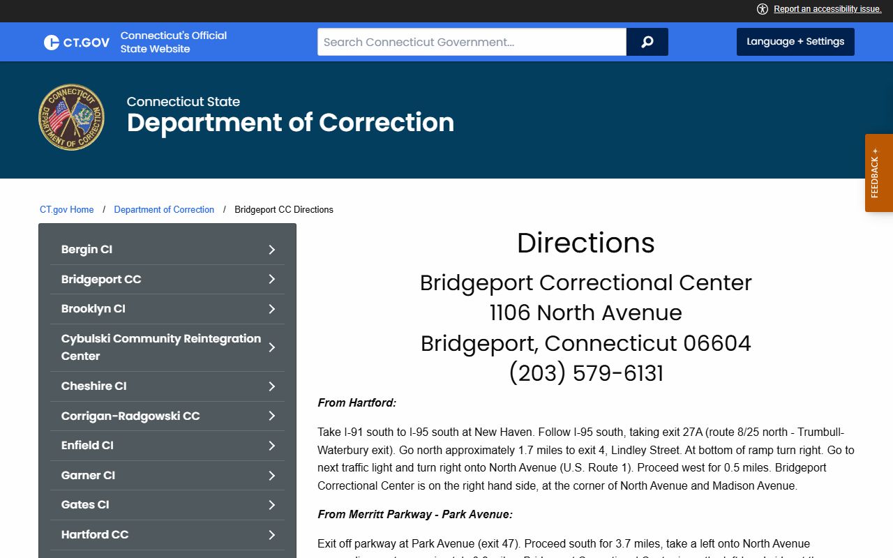 Directions to Bridgeport Correctional Center at North Avenue and Madison Avenue