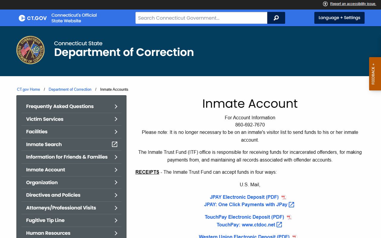 Connecticut DOC inmate accounts for sending money to Bridgeport Correctional Center