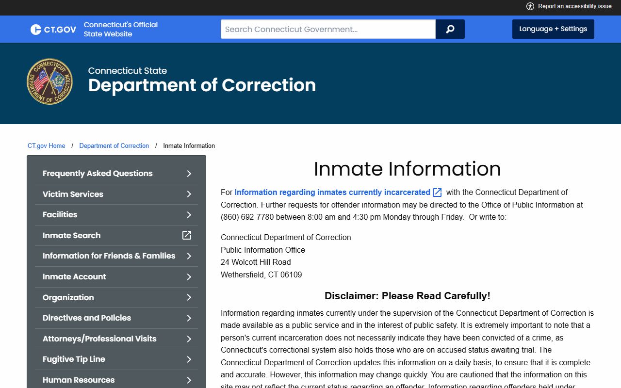 Connecticut DOC inmate information page for Bridgeport inmate records