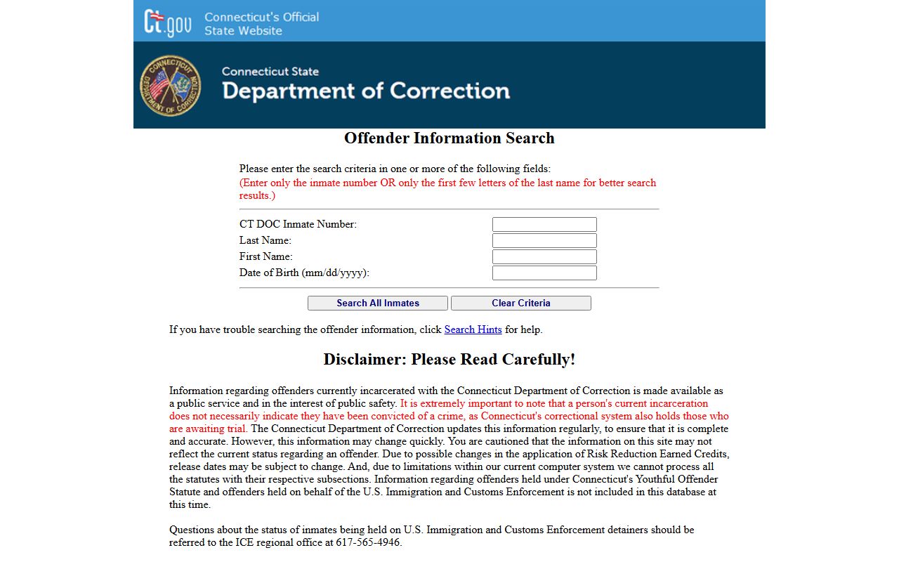 Connecticut DOC inmate search used for Bridgeport inmate lookup