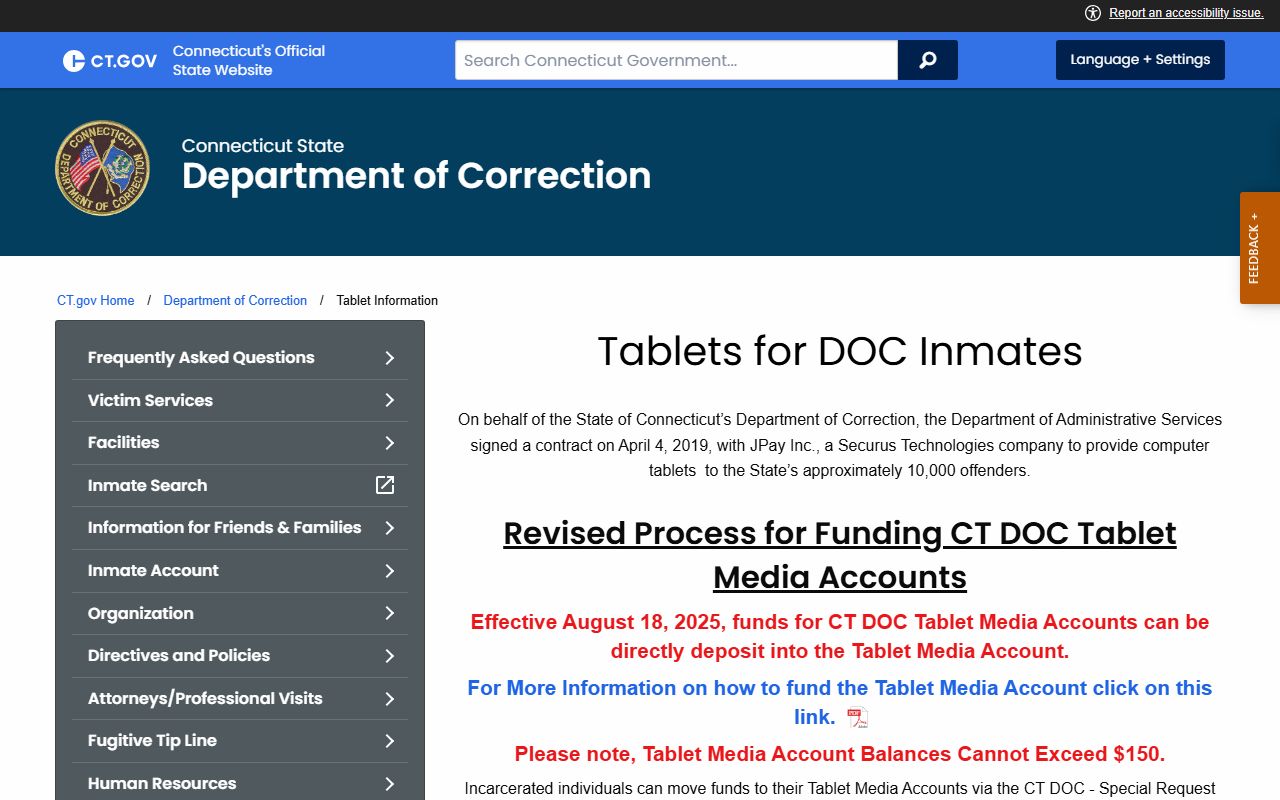 Connecticut DOC tablet and messaging information for Bridgeport inmates