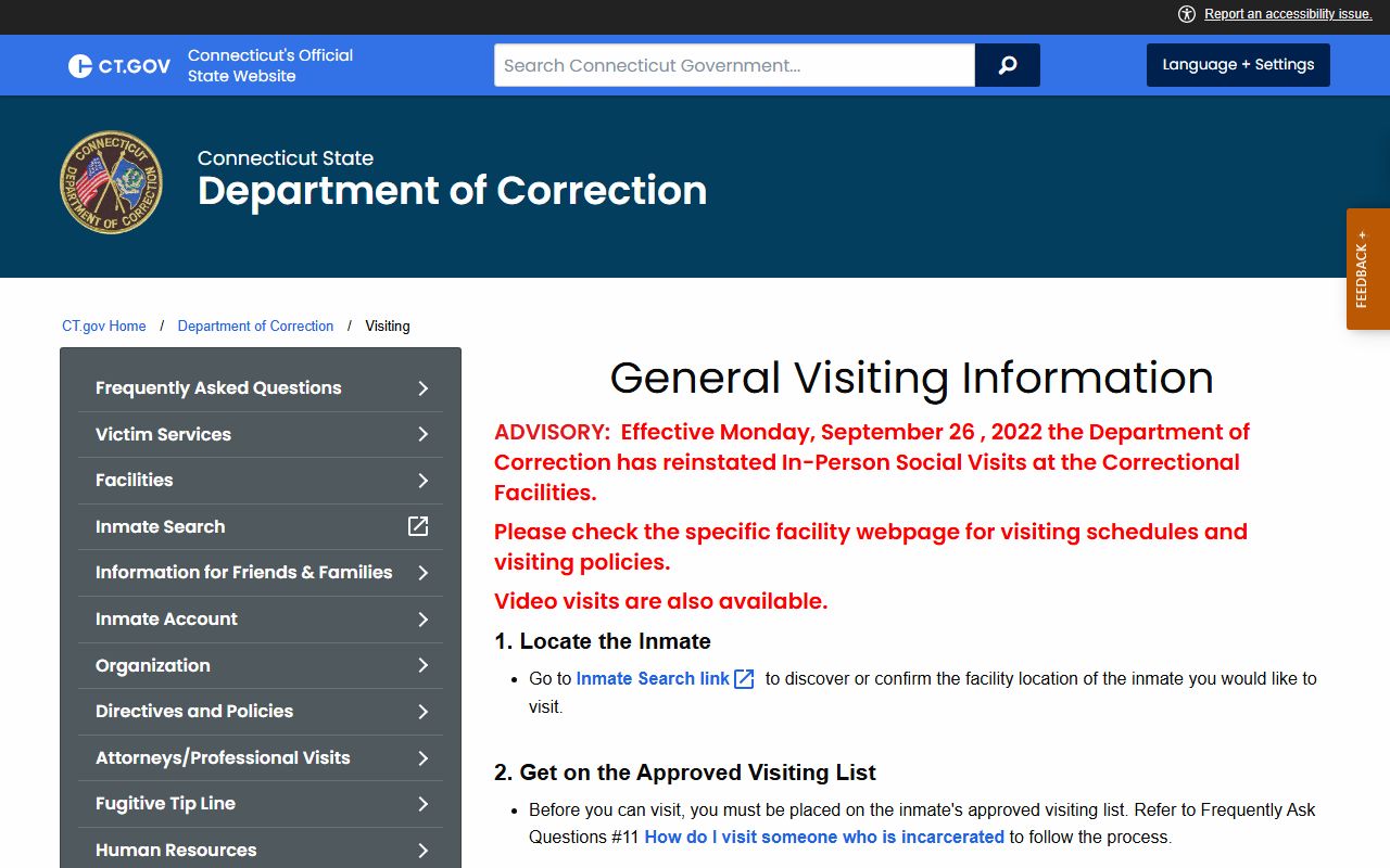 Connecticut DOC visiting rules for Bridgeport Correctional Center
