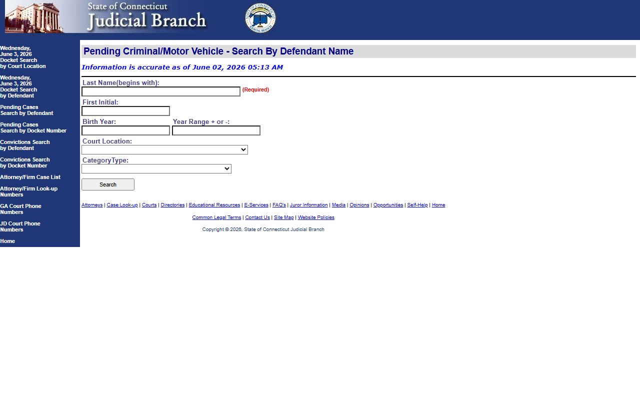 Connecticut pending case search by defendant for Bridgeport court records