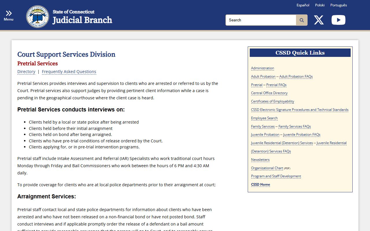 Connecticut Pretrial Services bail page for Bridgeport bond and release