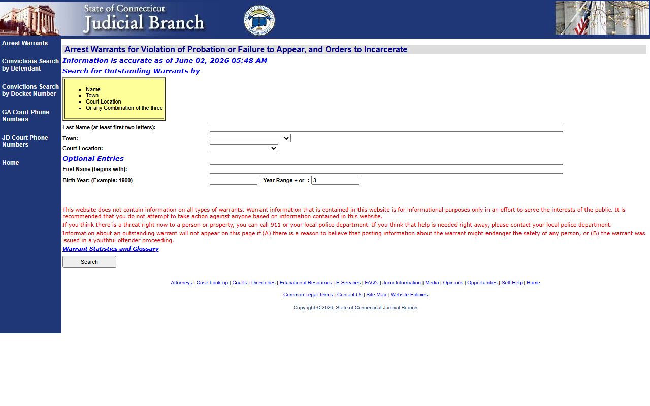 Connecticut Judicial Branch warrant search after a Bridgeport arrest